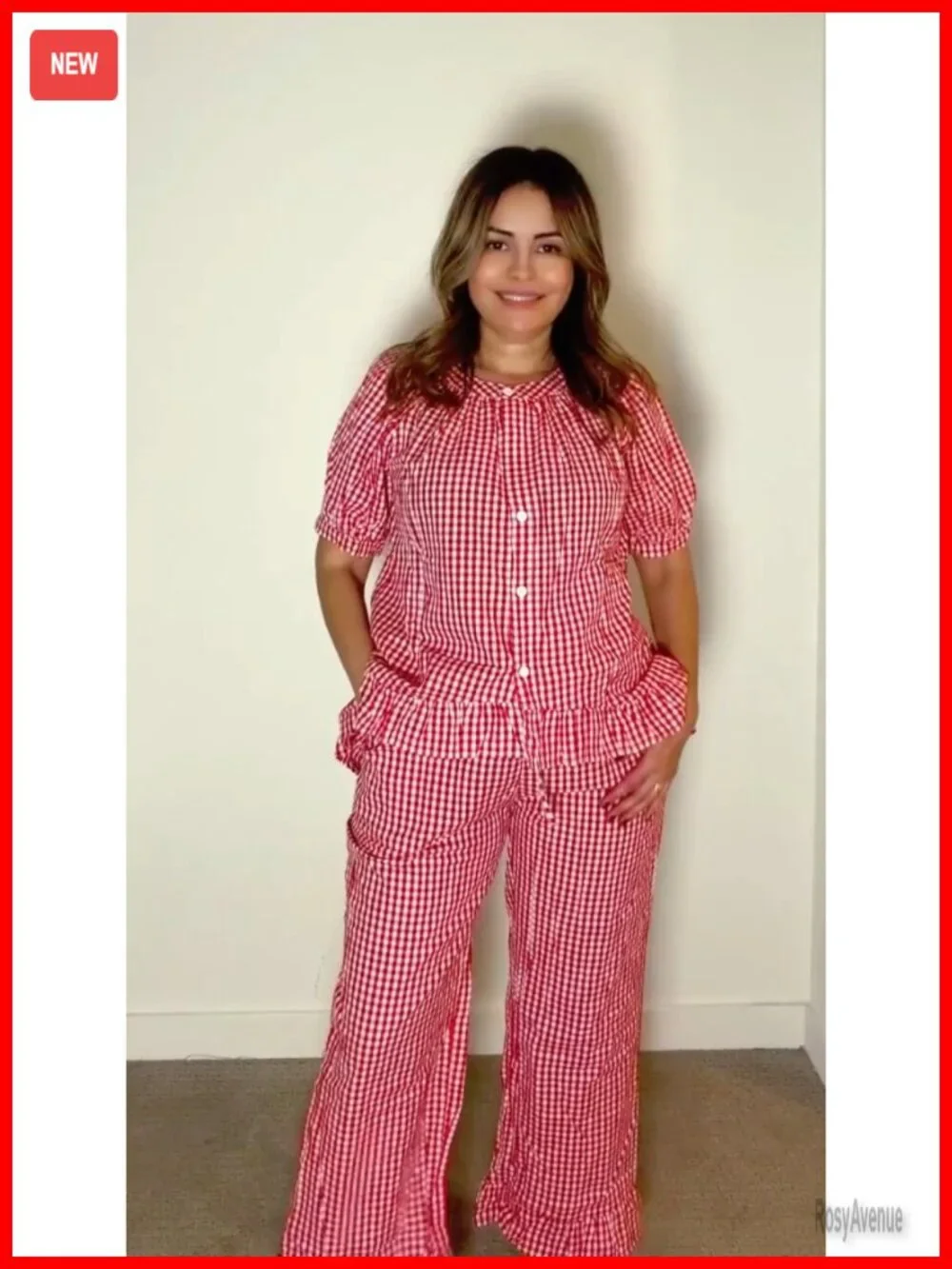 Women's Cotton Gingham Pajama Set 2 Piece Button Down Puff Sleeve Pants Lounge